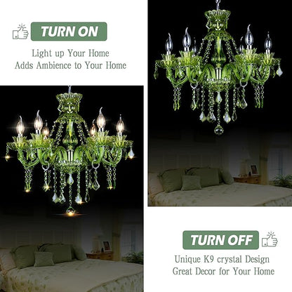 Bagood 6 Lights Green K9 Crystal Candle Chandeliers Lighting Modern Pendant Lights Ceiling Fixture Lamp for Dining Living Room Bedroom Hallway Entry Elegant Decoration E12 Base, H20.5 x W23.6 Inch