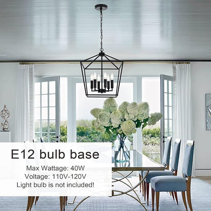 MELUCEE 6-Light Black Farmhouse Chandelier 16 Inches Cage Hanging Lights Rustic Lantern Pendant Lighting for Kitchen Island Dining Room Foyer Hallway, E12 Base