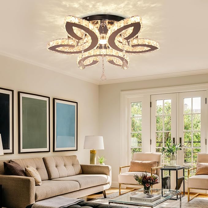 FRIXCHUR 20.4" Crystal Chandeliers Modern Flower Crystal Ceiling Light LED Flush Mount Chandelier Light Fixture for Bedroom Living Dining Room (Dimmable)