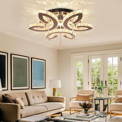 FRIXCHUR 20.4" Crystal Chandeliers Modern Flower Crystal Ceiling Light LED Flush Mount Chandelier Light Fixture for Bedroom Living Dining Room (Dimmable)