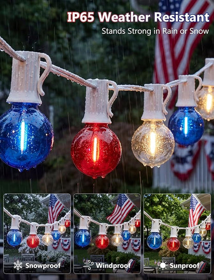 4th of July String Lights, 25FT G40 Red White and Blue Lights with 27 Shatterproof G40 LED Bulbs(2 Spare), Plug In Outdoor String Lights for Independence Day Patriotic Party Patio Backyard Decor