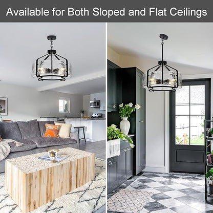 Luupyia 17.7 Inches Glass Drum Chandelier Black, 4Lights Modern Glass Chandelier, Height Adjustable Drum Chandeliers Crystal Pendant Light Dining Room Kitchen Entryway Chandeliers for Foyer