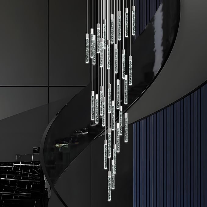 30-Lights Bubble Chandelier for Entryway High Ceiling-196 Height Adjustable Crystal Chandelier,3 Color Temperature Dimmable LED Pendant Light Fixture for Foyer Living Room Staircase,Chrome