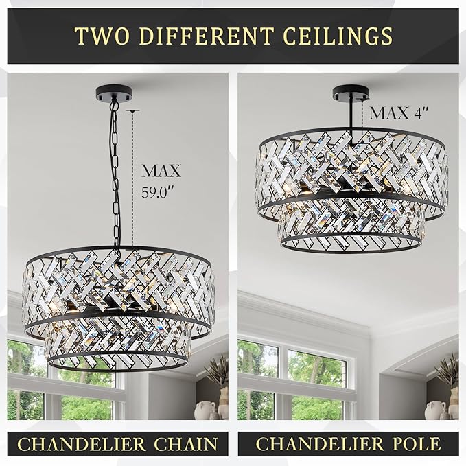 CATINER Black Crystal Chandelier, 8-Light Drum Semi Flush Mount Ceiling Light, 24'' Modern Crystal Pendant Chandelier for Dining Room, Living Room, Bedroom, Kitchen, Foyer