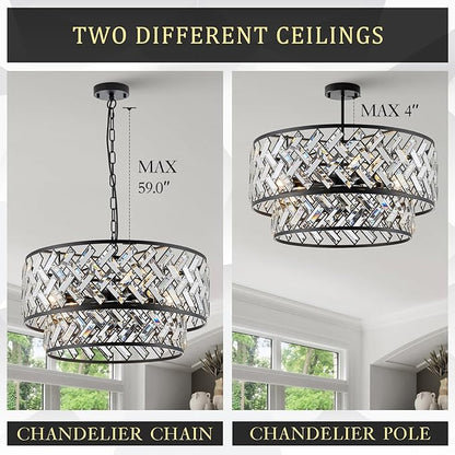 CATINER Black Crystal Chandelier, 8-Light Drum Semi Flush Mount Ceiling Light, 24'' Modern Crystal Pendant Chandelier for Dining Room, Living Room, Bedroom, Kitchen, Foyer