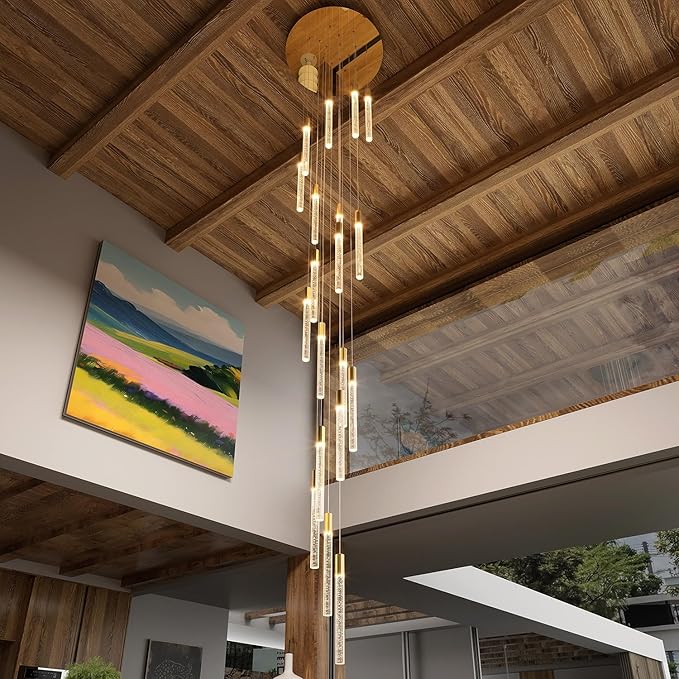 Modern Large Gold Crystal Chandelier Height Adjustable 20-Light High Ceiling Chandelier for Foyer Entryway Front Door Dimmable LED Ceiling Lighting Fixture