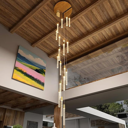 Modern Large Gold Crystal Chandelier Height Adjustable 20-Light High Ceiling Chandelier for Foyer Entryway Front Door Dimmable LED Ceiling Lighting Fixture