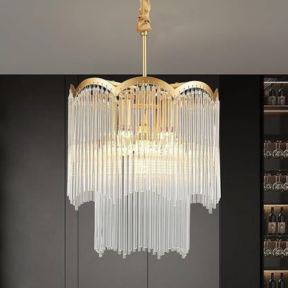 12.52" Gold Clear Glass Crystal Pendant Light 5-Light Modern Crystal Pendant Ceiling Light Fixture 2-Tier Luxury Glass Chandeliers,for Dining Room Kitchen Island Living Room Bedroom