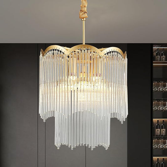 12.52" Gold Clear Glass Crystal Pendant Light 5-Light Modern Crystal Pendant Ceiling Light Fixture 2-Tier Luxury Glass Chandeliers,for Dining Room Kitchen Island Living Room Bedroom