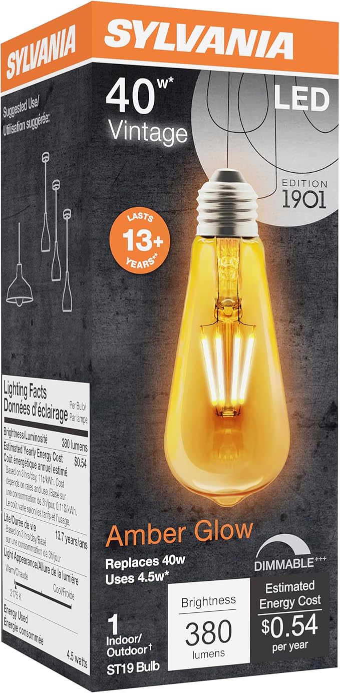 Sylvania LED Vintage Filament ST19 Light Bulb, 40W Equivalent Efficient 4.5W, 13 Year, Dimmable, 2175K, Amber Glow - 1 Pack (75351)