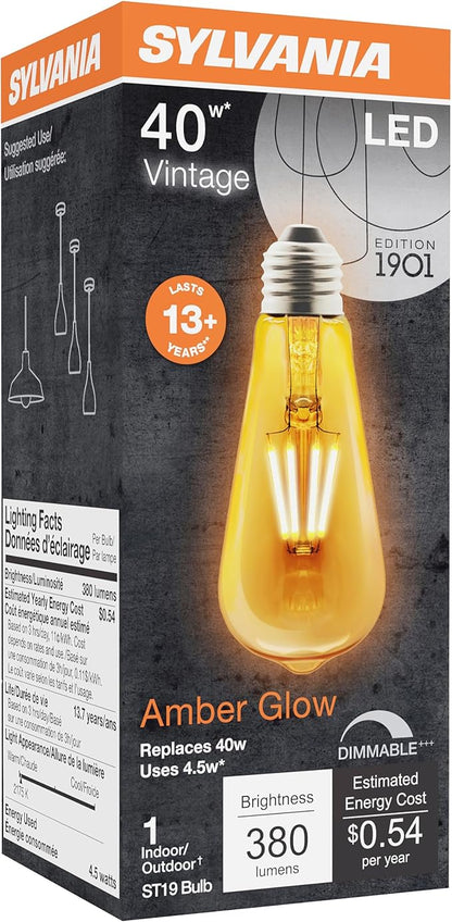 Sylvania LED Vintage Filament ST19 Light Bulb, 40W Equivalent Efficient 4.5W, 13 Year, Dimmable, 2175K, Amber Glow - 1 Pack (75351)