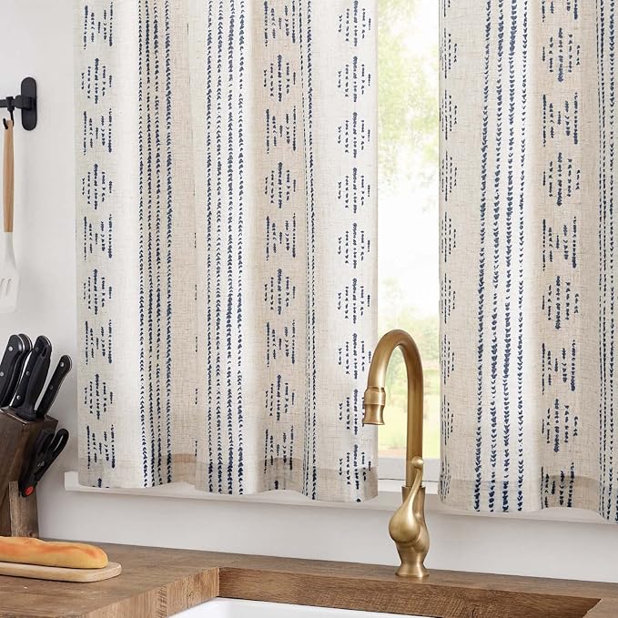 jinchan Boho Kitchen Linen Tier Curtains 30 Inch Bohemian Cafe Curtains Farmhouse Natural Striped Half Window Treatment for Bathroom RV Vintage Small Window Curtains 2 Panels Blue on Beige