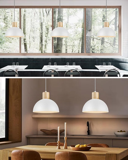 ELYONA 2 Pack Hammered Pendant Lights, 12" Modern Metal Dome Hanging Lamp Solid Wood Pendant Light Fixtures for Kitchen Island, Farmhouse, Dining Room, Sink, Bedroom, Hallway, Nordic White