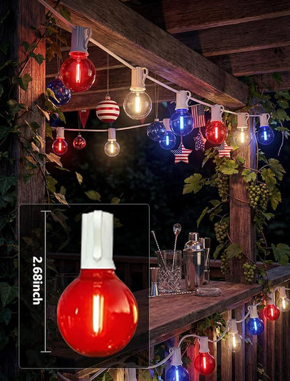 25Ft G40 LED Red White and Blue String Lights Outdoor,4th of July Decoration Lights with 27 LED Shatterproof Globe Bulbs, Hanging Patio Patriotic String Lights for Backyard Party Independence Day