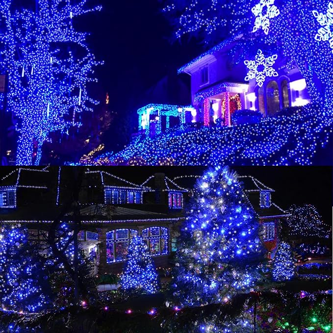 32.5FT 100 LED Blue White String light,16 Modes Plug in Blue LED Christmas MiniLights, Ocean party Fairy Lights, Waterproof Outdoor Christmas Lights for Xmas Tree Garland Wreath Bedroom Decor