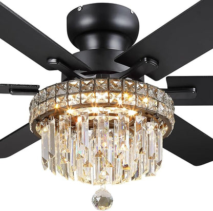 Asyko Chandelier Ceiling Fan -52" Crystal Ceiling Fan- Fandelier Fan Light Black with Remote, Reversible Motor, Dual-Sided 6 Blades, 3 Speed, Timer, Indoor Outdoor Fans, Living Room, Dining Room