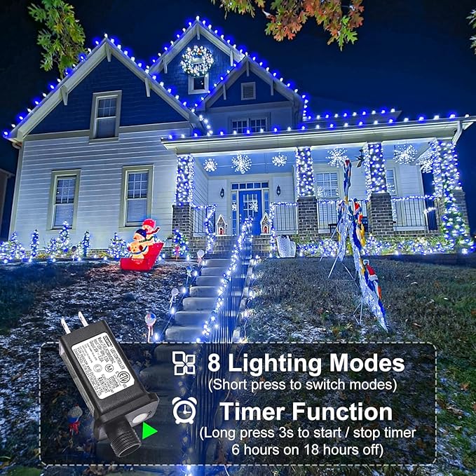 Blue and White Christmas Lights Outdoor, 100FT 300 LED String Lights for Outside Waterproof with 8 Modes, Connectable Plug in Fairy Lights for Indoor Patio Garden Xmas Tree Party Decorations