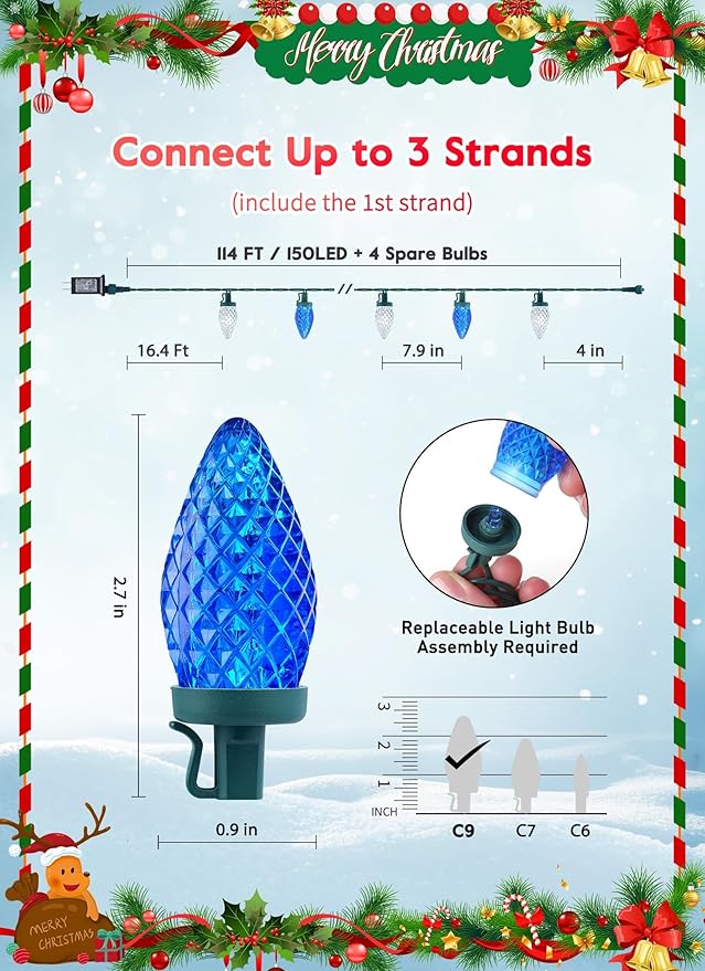 C9 Christmas Lights Outdoor Waterproof, 114 Feet 150 LED C9 String Light with Timer & 8 Light Modes, Connectable Christmas Tree Lights for House Outside Roofline Indoor Decoration, Blue & Pure White