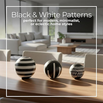 Patterned Ceramic Orbs for Home Decor Styling - Geometric Sculpture for Bathroom, Office, and Living Room Centerpiece - Ornaments Accent for Coffee Table Display - Set of 3, 6", 5", 4", Black & White