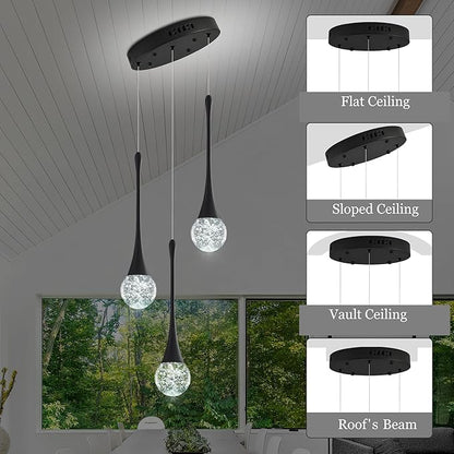 Modern Crystal Kitchen Island Chandelier 3-Lights Black, LED Dimmable Raindrop Indoor Lighting Fixture for Dining Room Foyer Entryway Remote Control