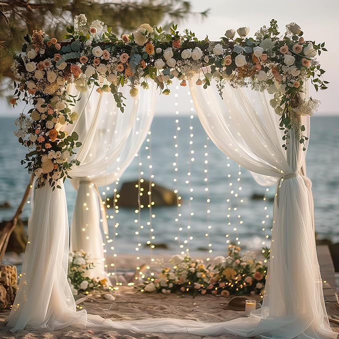 Fomcet Tulle Curtains with Lights String White 20FT X 8FT Sheer Backdrop Curtains for Parties Wedding Baby Shower Photo Shoot Decorations (4 Panels 5x8FT)