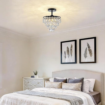 Mini Crystal Chandelier Small Modern Crystal Flush Mount Ceiling Light for Hallway Closet, E26 Base, K9 Crystal (Black-Ceiling)