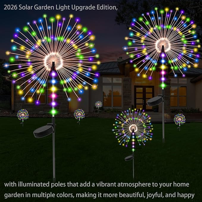 2 Pack 250LED Solar Garden Lights Outdoor, Dual Lighting Modes Firework Lights Solar Powered, Waterproof Twinkle Fairy Light Outside for Yard Patio Pathway Christmas Party Decorative(Multicolor)
