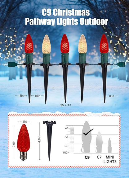 C9 LED Christmas String Lights Outdoor, 26 Feet 20 LED Christmas Pathway Lights with 20 Plastic Stakes, Connectable Waterproof for Driveways Xmas Holiday Patio Decoration, Red and Warm White