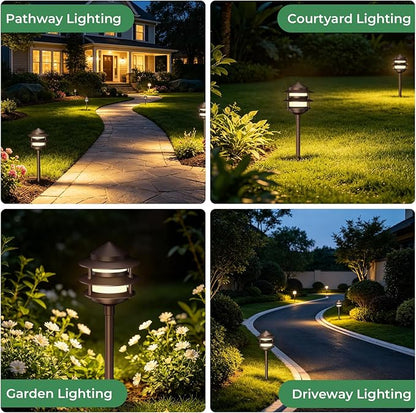 Gardencoin Pagoda Low Voltage Landscape Pathway Lights, 12V Outdoor LED Path Lights Wired, Aluminum Walkway Lighting with 4W 2700K Replaceable G4 Bulb, Bronze Classic 3-Tier Lantern, 6 Pack