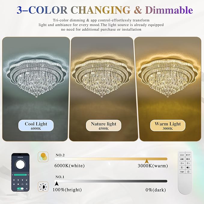Silver LED Crystal Ceiling Light for Living Room, 40" Modern Large Flush Mount Chandelier with K9 Crystal Raindrop,Elegant Lighting Fixture with Remote Control for Hallway Dinning Room