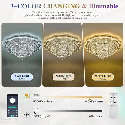 Silver LED Crystal Ceiling Light for Living Room, 40" Modern Large Flush Mount Chandelier with K9 Crystal Raindrop,Elegant Lighting Fixture with Remote Control for Hallway Dinning Room