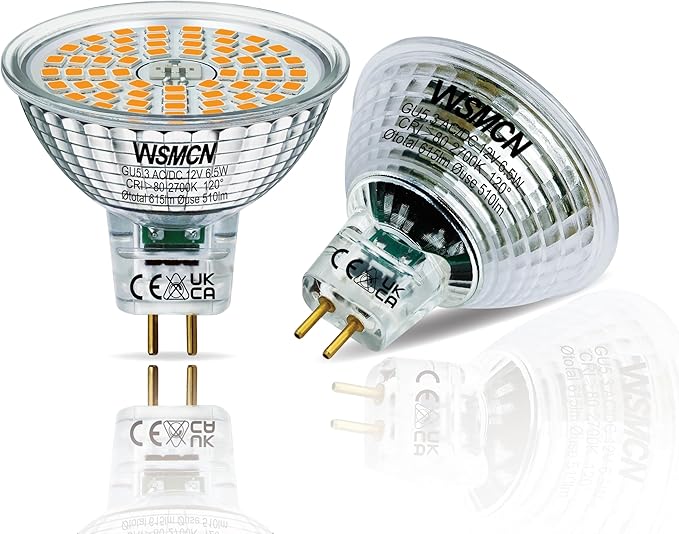 MR16 GU5.3 LED Bulbs 6.5W Replace 60W Halogen Equivalent 2700K Warm White 510Lm, 12V Low Voltage Non-Dimmable 120° Flicker-Free Spotlight for Landscape Track Lighting, Pack of 6