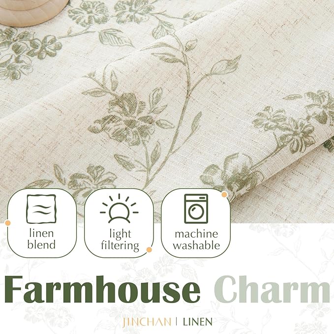 jinchan Floral Kitchen Curtains 36 Inch Linen Tier Curtains Farmhouse Cafe Half Window Drapes Over Sink Light Filtering for Living Room Laundry RV Rod Pocket 2 Panels Sage Green on Beige
