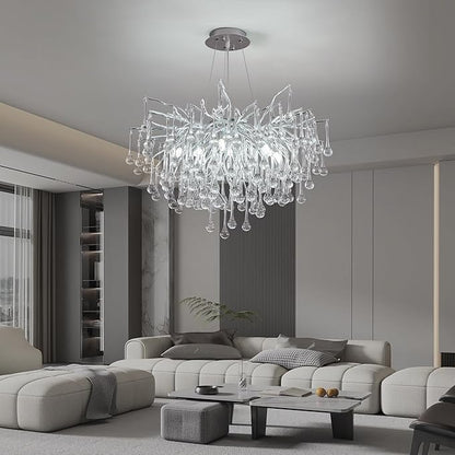 Modern Crystal Raindrop Chandelier, Silver Round Art Deco Tree Branch Lighting Fixture for Dining Room Living Room Foyer 8 Lights D23.7''