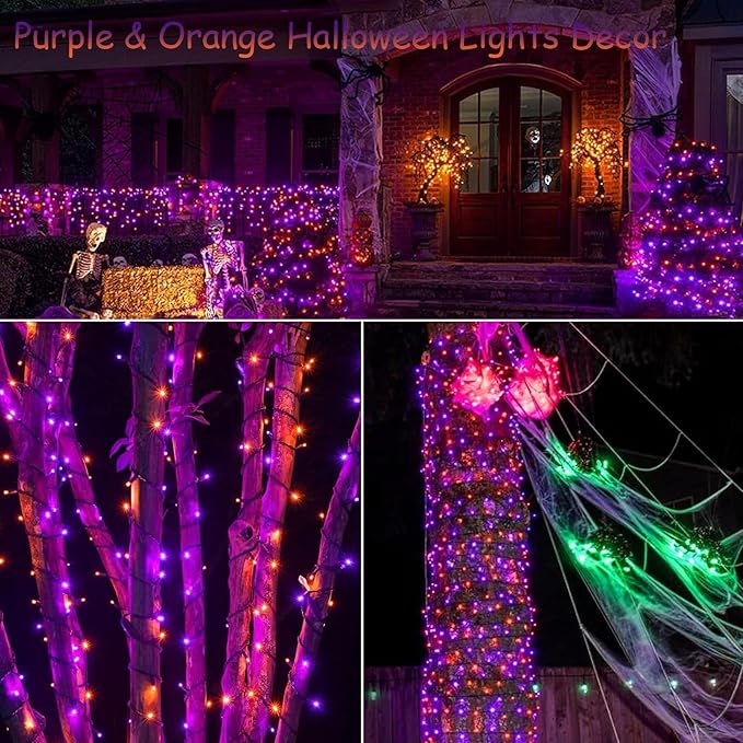 FairyGlim Purple&Orange Halloween Lights, 33FT 100 LED Outdoor String Light with Timer & 8 Modes, 3AA Battery Operated Waterproof String Light for Outdoor and Indoor Halloween Decor