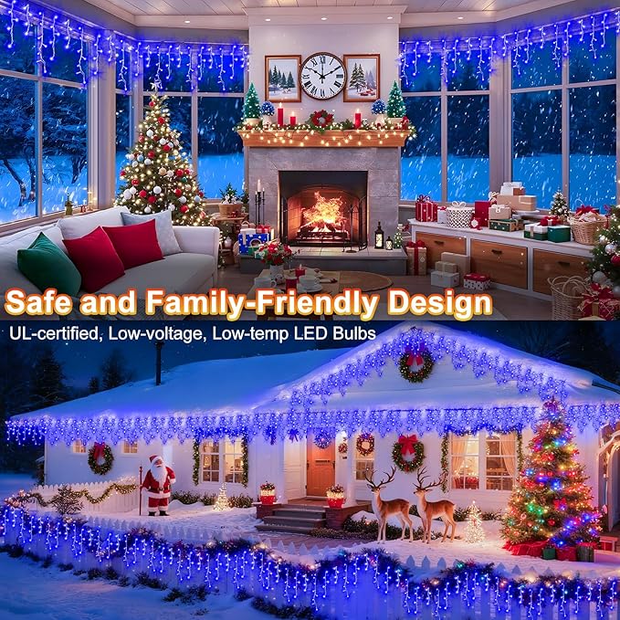 KNONEW Christmas Lights Outdoor Decorations 400 LED 33ft 8 Modes Curtain String Light with 75 Drops, Clear Wire LED Fairy Light Indoor Decor for Wedding Party Christmas Decorations(Blue)
