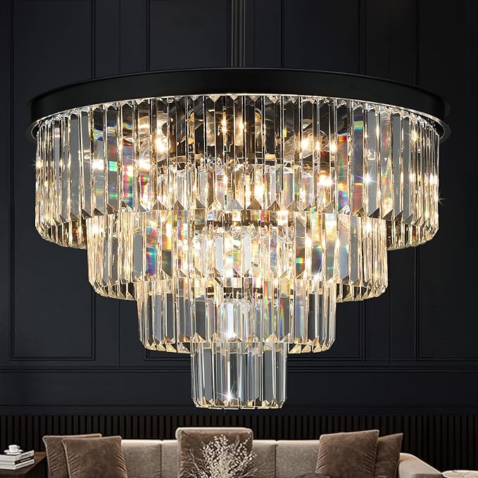 Crystal Chandeliers for Dining Room Lights Fixture Over Table, 15 Lights Black Modern Chandeliers for Living Room, 4-Tier Round Crystal Lighting Fixtures for Bedroom Entryway Kitchen Island D24 Inch