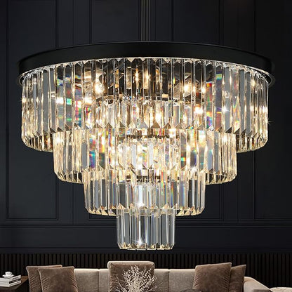 Crystal Chandeliers for Dining Room Lights Fixture Over Table, 15 Lights Black Modern Chandeliers for Living Room, 4-Tier Round Crystal Lighting Fixtures for Bedroom Entryway Kitchen Island D24 Inch