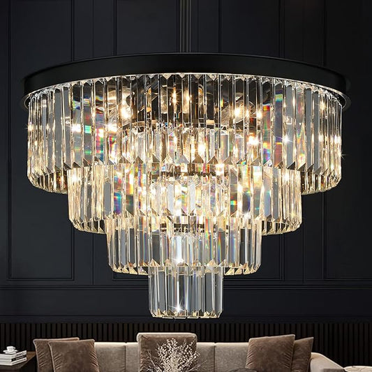 Crystal Chandeliers for Dining Room Lights Fixture Over Table, 15 Lights Black Modern Chandeliers for Living Room, 4-Tier Round Crystal Lighting Fixtures for Bedroom Entryway Kitchen Island D24 Inch