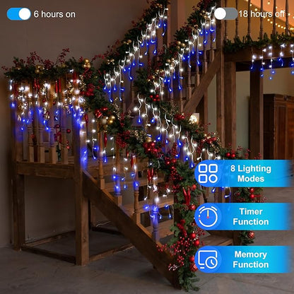 504LED 50ft Christmas Lights, 112Drops 12 Modes Christmas String Lights Outdoor Dimmable, Waterproof Christmas Decorations Fairy Lights with Timer Memory for Party Patio Window Fence Blue & CoolWhite