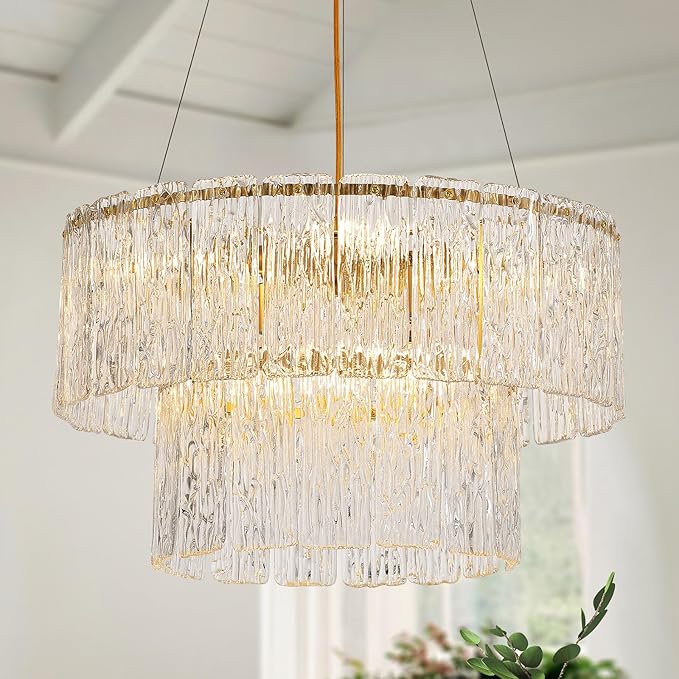 20" Crystal Chandelier Modern Gold Glass Chandeliers 2-Tier Round Elegant Luxury Lighting 6-Light Drum Crystal Chandelier for Dining Room Kitchen Restaurant Foyer Bedroom Living Room