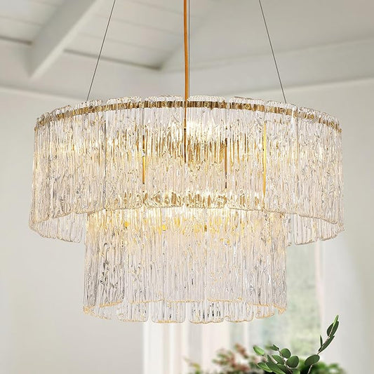 20" Crystal Chandelier Modern Gold Glass Chandeliers 2-Tier Round Elegant Luxury Lighting 6-Light Drum Crystal Chandelier for Dining Room Kitchen Restaurant Foyer Bedroom Living Room