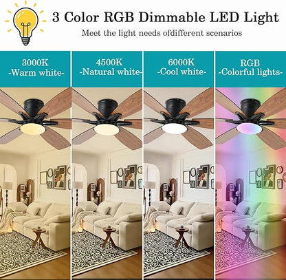52inch Brown Ceiling Fans with Lights and Remote/App Control, Low Profile Ceiling Fan with Light and 6 Double-Side blades, Flush Mount, LED/RGB Dimmable DC Reversible Modern Ceiling Fan for Bedroom