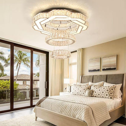 22.5" Crystal Chandeliers Modern Living Room Chandelier LED Crystal Ceiling Light 2 Rings Pendant Light Flush Mount Chandelier for Bedroom Dining Room Entryway Warm