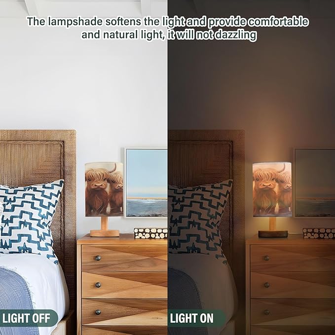 Bedside Table Lamp Highland Cow Nightstand Lamp with Wood Desk Lamps for Bedroom Living Room Nursery Office Home Decor