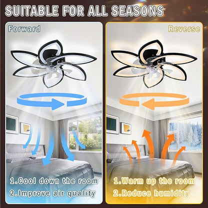Ceiling Fan with Lights and Remote Control Low Profile Ceiling Fan with Lights Modern Dimmable Flower Shape 29.1" Black, 6 Speeds 3 Light Color Flush Mount Fandelier for Kitchen Bedroom