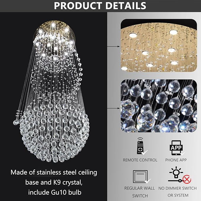 D32'' x H100'' Crystal Chandelier for Entryway High Ceiling Chandeliers Glam Chandelier Modern Large Raindrop Chandeliers LED Dimmable Light Fixtures for Staircaes Foyer Living Room Gold