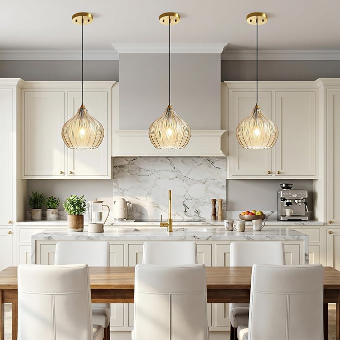 Amber Glass Gold Pendant Light, Farmhouse Kitchen Island Pendant Light Fixture Water Drop Shade, Adjustable Vintage Hanging Ceiling Light for Dining Room Corridor 1 Pack, UL Certification