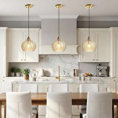 Amber Glass Gold Pendant Light, Farmhouse Kitchen Island Pendant Light Fixture Water Drop Shade, Adjustable Vintage Hanging Ceiling Light for Dining Room Corridor 1 Pack, UL Certification