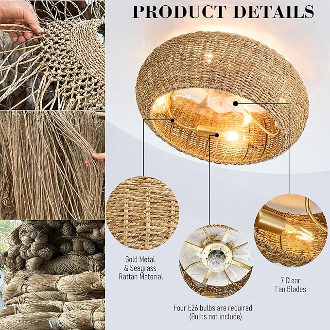 Rattan Ceiling Fan with Lights 19.7IN Boho Handwoven Caged Fandelier with Light Farmhouse Handwoven Ceiling Fan Chandelier Fixture for Dining/Living Room Bedroom Entry Kitchen Restaurant Office